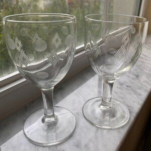 Crystal Cut Etched Diamond & Circle Motif Cordial Vintage Pair Glasses